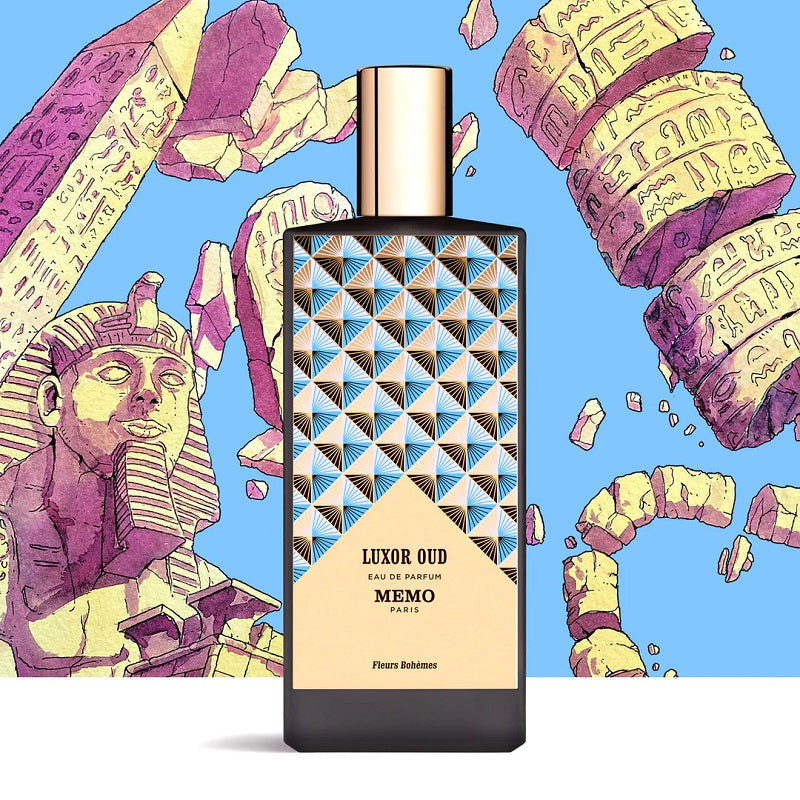 Perfume bottle with geometric design on a colorful Egyptian-themed background