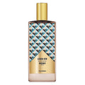 Perfume bottle with geometric pattern and gold accents on a white background