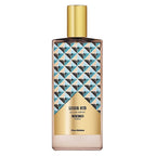 Perfume bottle with geometric pattern and gold accents on a white background