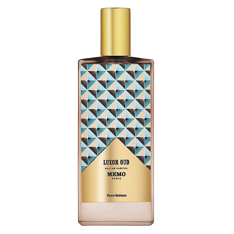 Perfume bottle with geometric pattern and gold accents on a white background