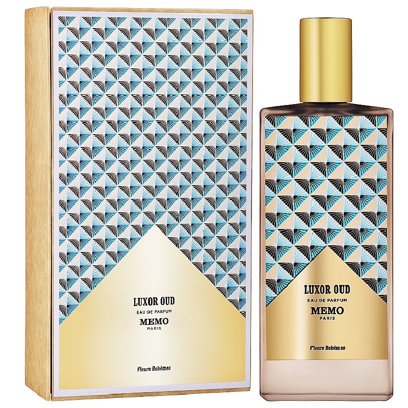 Luxor Oud Eau de Parfum bottle and packaging with geometric pattern