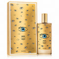 Marafo Memo Paris Eau de Parfum bottle and its matching box, both decorated with a gold foil pattern of small blue and black eyes, on a white background.