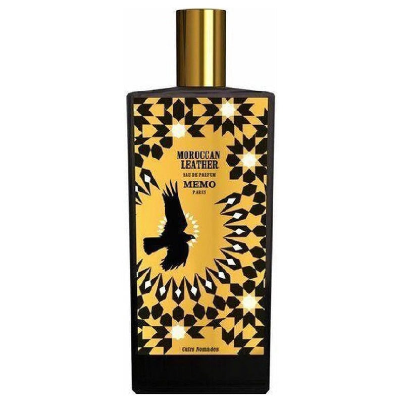 Perfume bottle with gold cap and black and yellow design on a white background