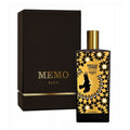 Memo Paris perfume bottle with black and gold design and matching box on a white background