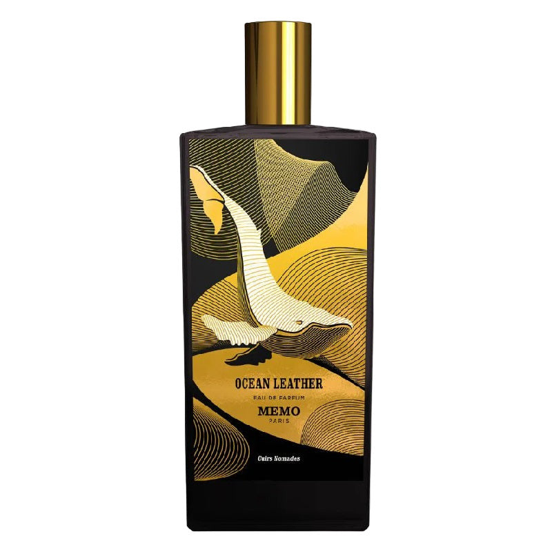 Perfume bottle with whale design and 'Memo' branding on a white background