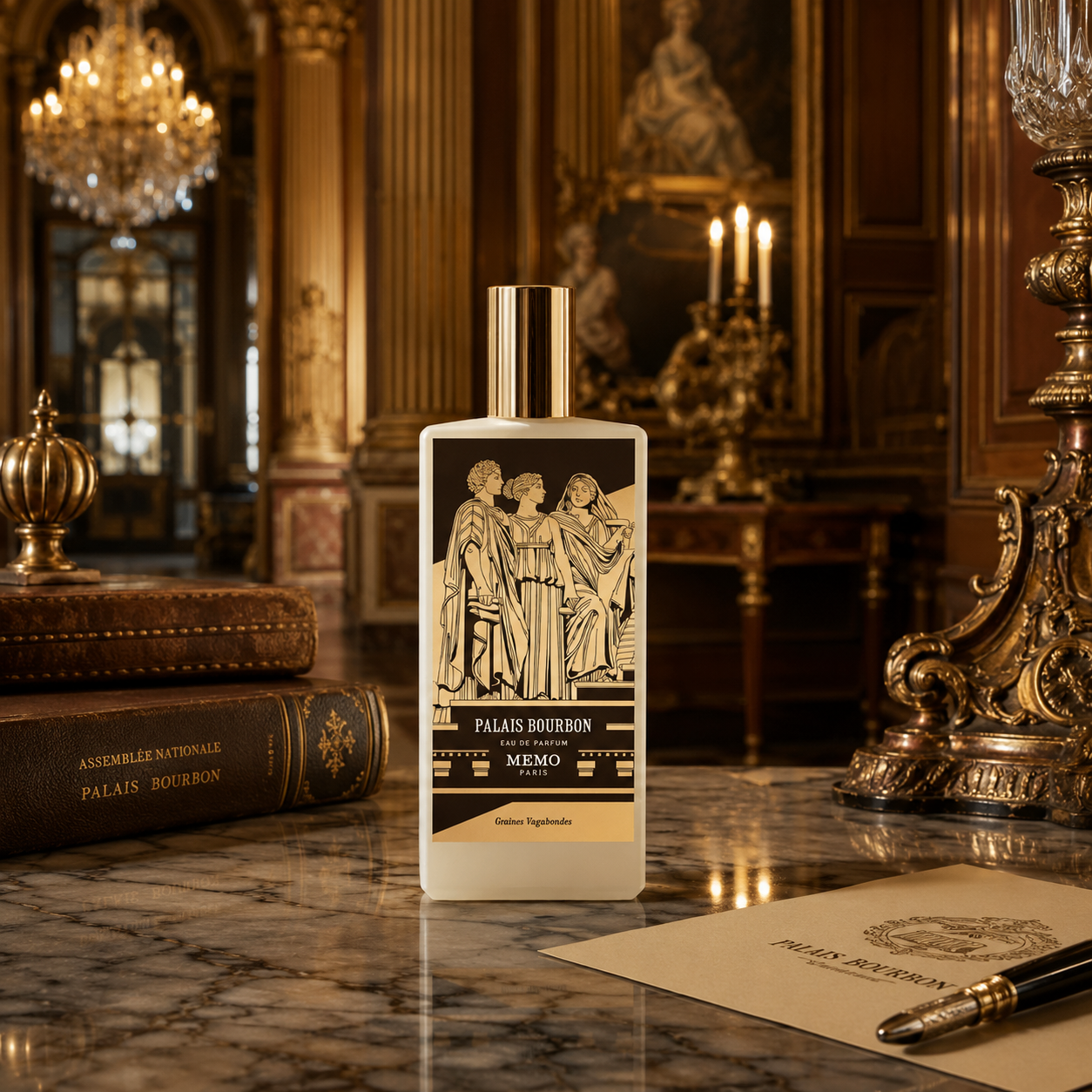 A bottle of Palais Bourbon Memo fragrance stands on a polished marble table in an ornate, luxurious room with gold-toned furniture, candles, and chandeliers. The bottle is cream with a black label featuring a classical illustration and gold lettering.
