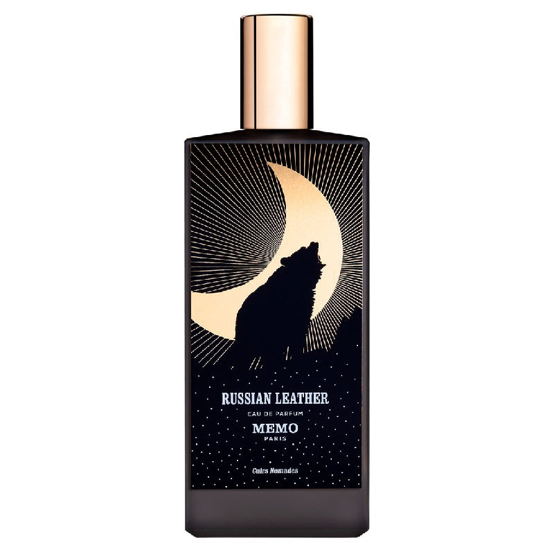 Perfume bottle with wolf design and 'Memo Paris' branding on a white background