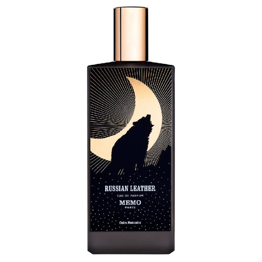 Perfume bottle with wolf design and 'Memo Paris' branding on a white background