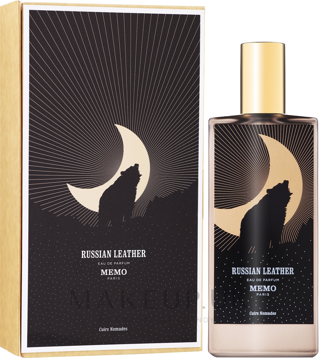 Memo Russian Leather perfume bottle and packaging with wolf and moon design.