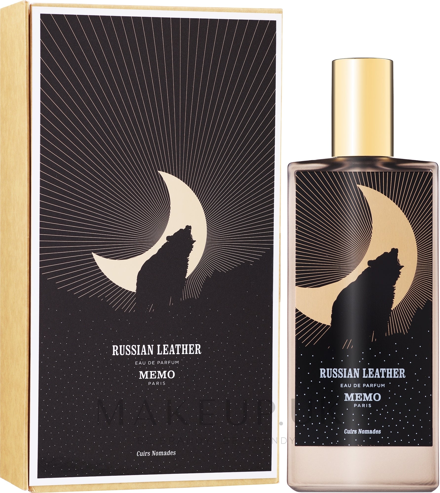 Memo Russian Leather perfume bottle and packaging with wolf and moon design.