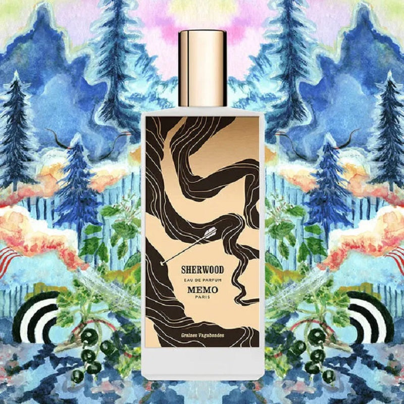 Perfume bottle with artistic label on a colorful nature-themed background