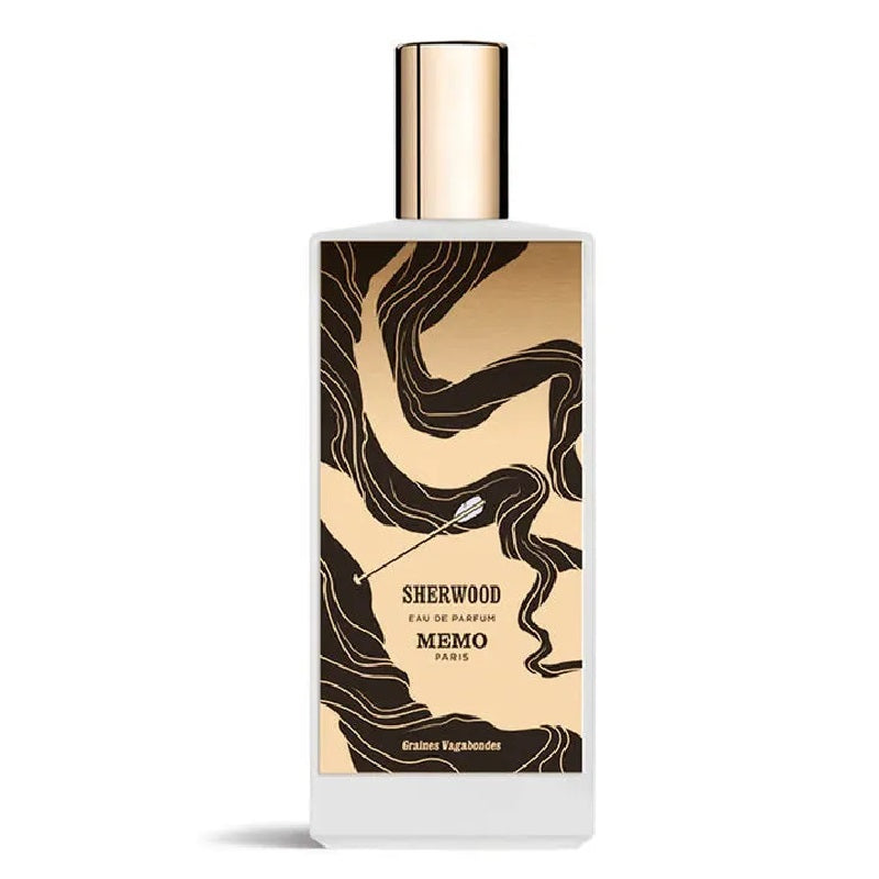 Perfume bottle with gold cap and black and white design on a white background