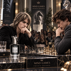 Two men in a grand indoor hall, one wearing black and the other in gray, looking thoughtfully at chess pieces on a marble board. A bottle of Mind Games French Defense perfume is prominently displayed in the foreground.