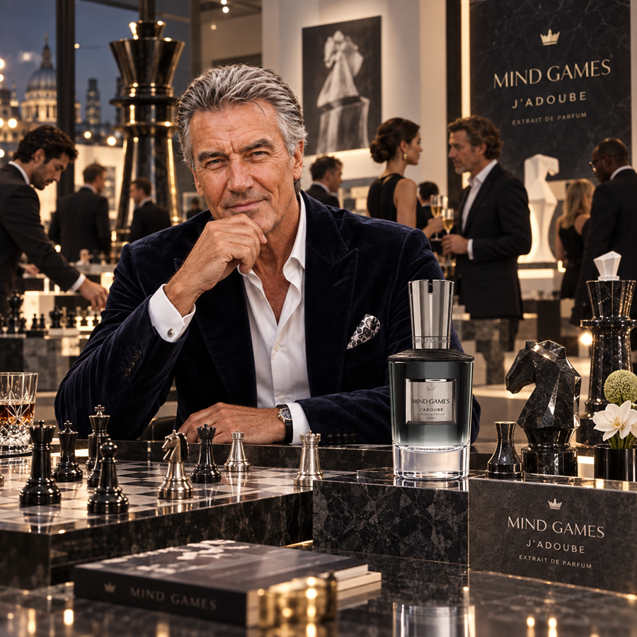 A man in a navy velvet blazer sits behind a marble counter displaying a bottle of J'Adoube by Mind Games, with chess pieces and branded signage in a sophisticated indoor lounge setting.