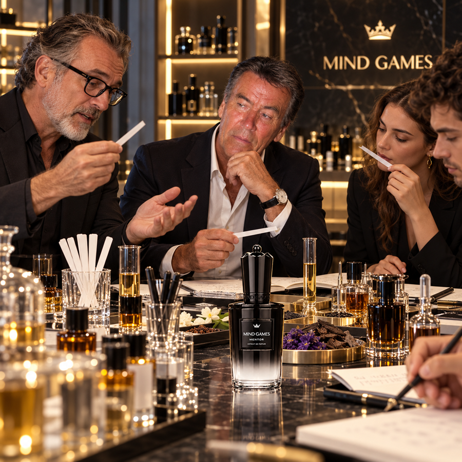 A group of people gathered around a polished marble table in a luxury fragrance lounge, smelling and discussing scents. A black and silver VEDLACES 'Royal Decloque' perfume bottle is prominently displayed in the foreground, with other fragrance bottles and glassware around it.