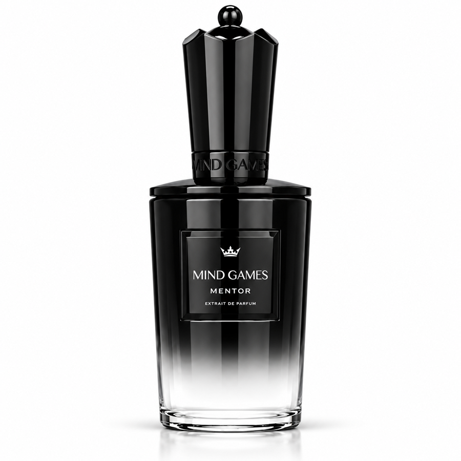A black gradient perfume bottle with a faceted black cap, labeled 'MIND GAMES MENTOR EXTRAIT DE PARFUM', on a clean white background.