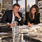 A man and a woman in black suits sit at a table in a luxury office, looking at architectural models and blueprints. A bottle of Mind Games London fragrance is prominently displayed in the foreground on a polished marble surface, with a city skyline visible through the windows behind them.