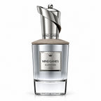 Mind Games Queening perfume bottle with a silver metallic cap, clear glass body, and a light beige textured lid, shown on a white background.