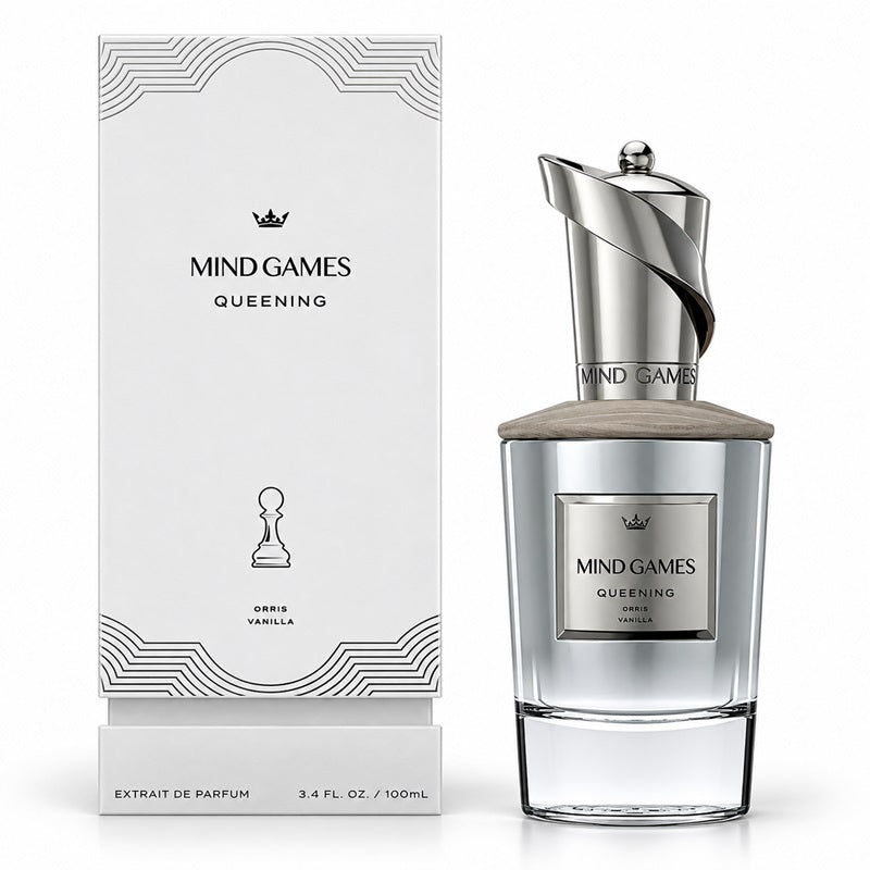 Mind Games Queening Extrait de Parfum bottle with its white packaging box, featuring a silver twisted cap and a clear glass body on a white background.