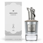 Mind Games Queening Extrait de Parfum bottle with its white packaging box, featuring a silver twisted cap and a clear glass body on a white background.