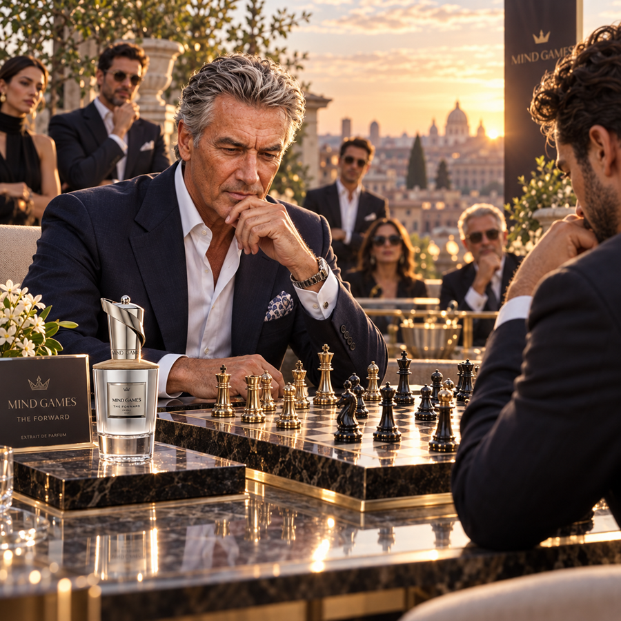 A man in a navy suit sits at a luxury outdoor chess game, surrounded by other patrons and a sunset city skyline in the background. Mind Games The Forward branding is visible on the chess pieces and display signs.