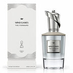 Mind Games The Forward Powelo Salt Extrait de Parfum, showing the clear glass bottle with its distinctive silver twisted cap next to its white packaging box with silver accents.