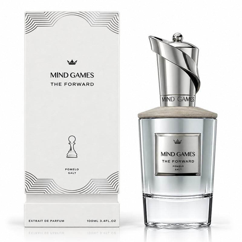 Mind Games The Forward Powelo Salt Extrait de Parfum, showing the clear glass bottle with its distinctive silver twisted cap next to its white packaging box with silver accents.