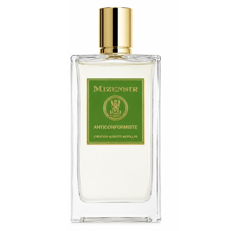A clear rectangular glass perfume bottle with a gold cap and a green front label reading Mizensbir Anticonformiste, shown on a plain white background.