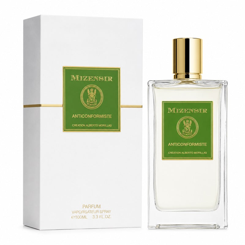 Muzensir Anticonformiste perfume bottle with a gold cap next to its white box with a green label, on a white background.