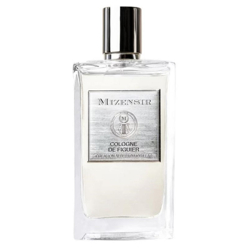 A transparent glass bottle of Cologne de Figuier by Mizensir with a silver cap and a label that includes the product name and the scent description.