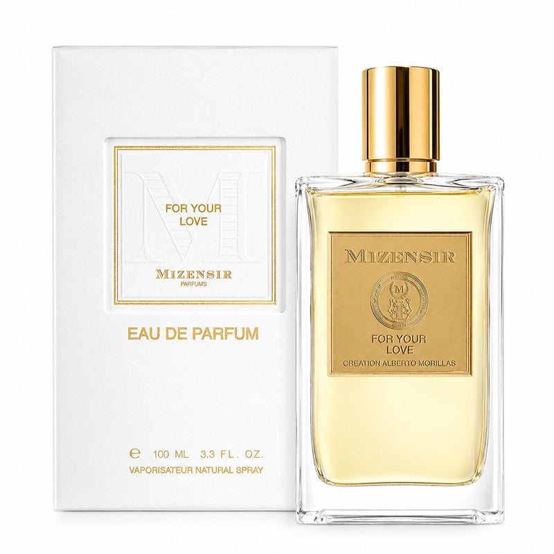 Mizensir For Your Love Eau de Parfum bottle with a gold cap next to its white and gold packaging box.