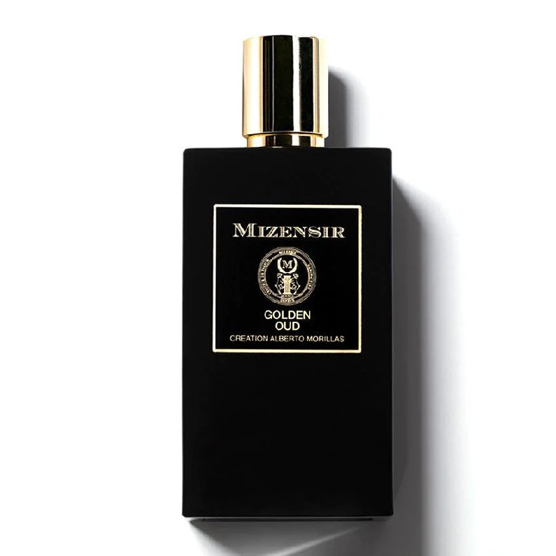 A black bottle of Mizensir Golden Oud Eau de Parfum with a gold-colored cap and label featuring the product name and oriental woody fragrance notes.