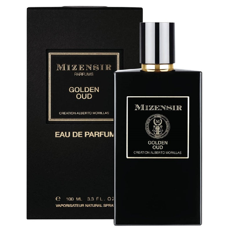 Mizensir Golden Oud 100ml Parfum bottle with presentation box on a white background.