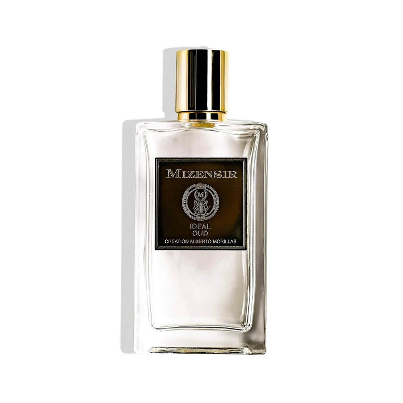A transparent bottle of Mizensir Ideal Oud Eau de Parfum with a gold-colored cap and a black label.