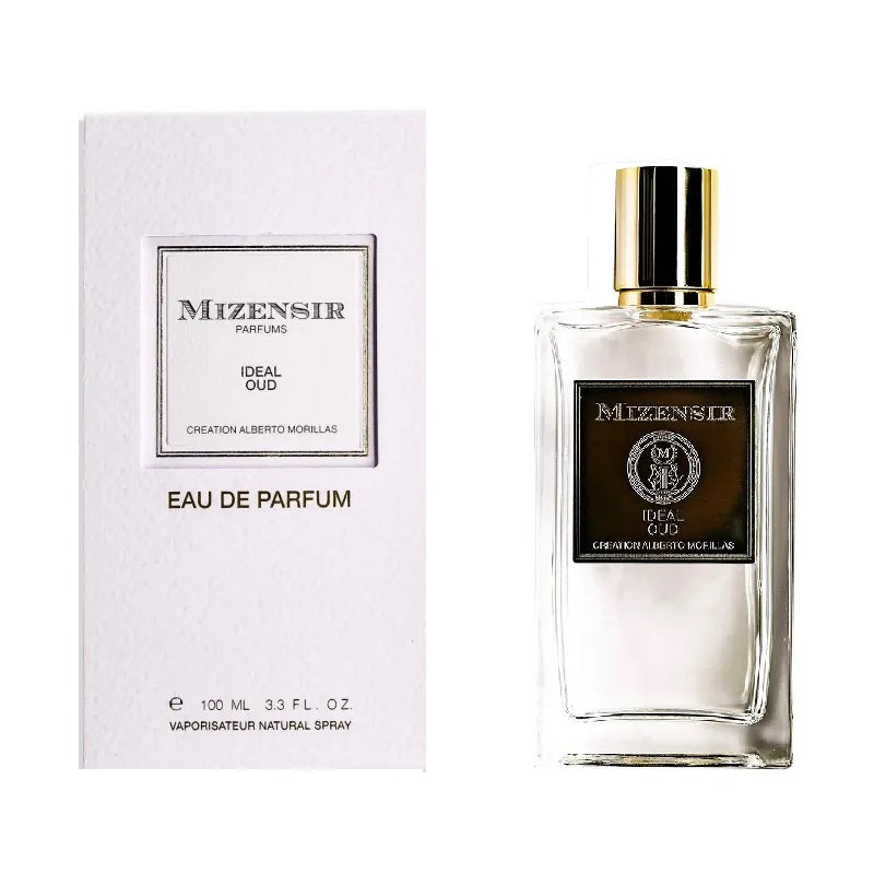 Mizensir Ideal Oud 100ml Parfum bottle with presentation box on a white background.