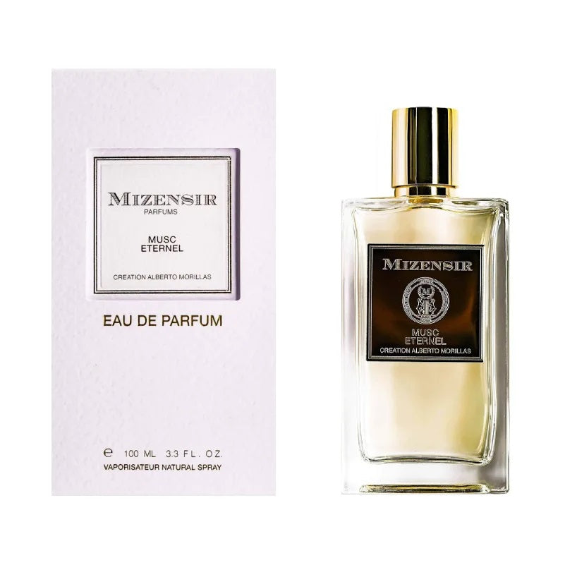 Mizensir Musc Eternel 100ml Parfum bottle with presentation box on a white background.