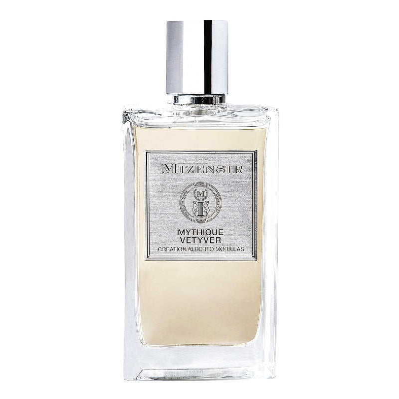 A glass bottle of Mythique Vetyver Eau de Parfum by Mizensir with a white label and cap.