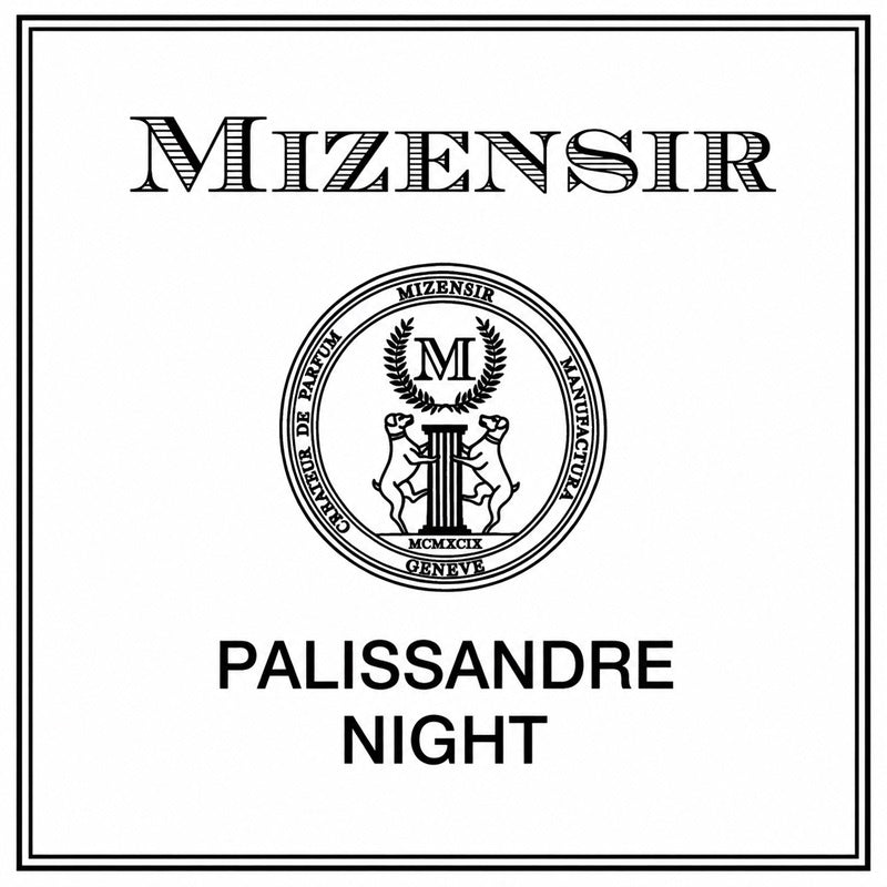 Black and white graphic print featuring the brand name 'MIZENSIR' at the top, a circular emblem in the center with an 'M' and two dog, and the text 'PALISSANDRE NIGHT' at the bottom.