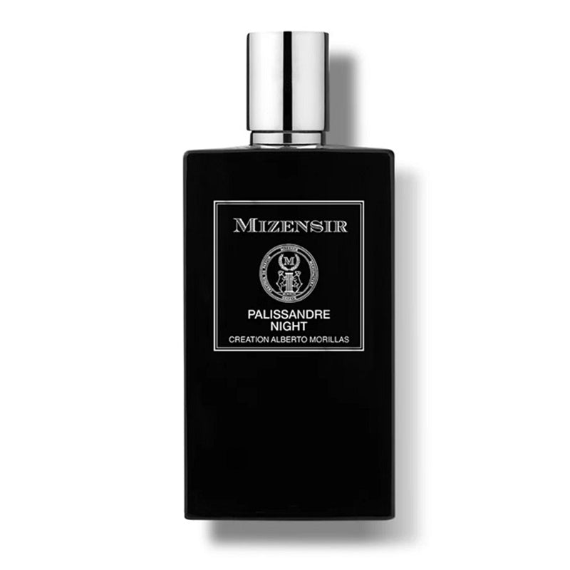 A black rectangular perfume bottle with a shiny silver cap, featuring a silver label that reads 'Mizensir' and 'Palissandre Night'.