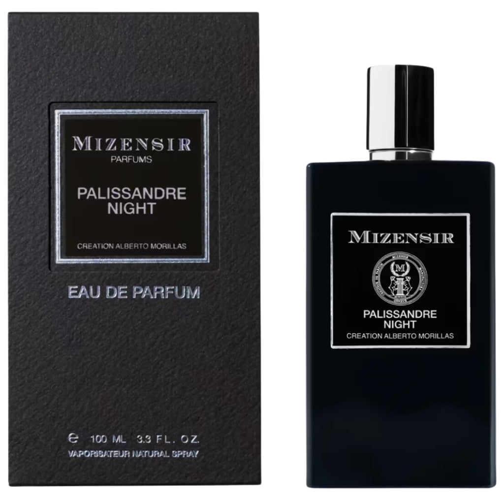 Mizensir Palissandre Night Eau de Parfum shown with its black textured packaging box and the dark glass perfume bottle with a silver cap on a white background.