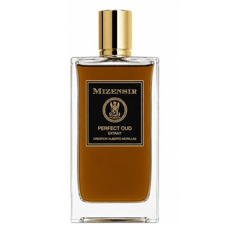 Mizensir Perfect Oud Extract perfume bottle with a gold cap and a black label, filled with amber-colored liquid, on a white background.