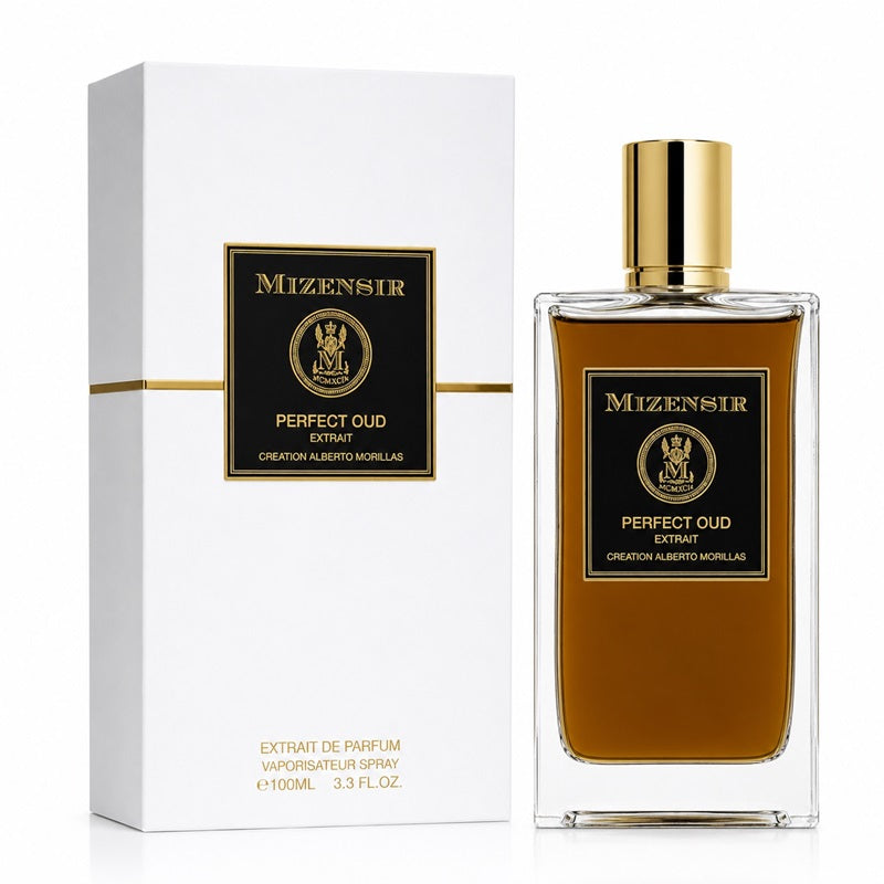 Mizensir Perfect Oud Extract perfume bottle with amber liquid and a gold cap, shown next to its white box with a black and gold label.