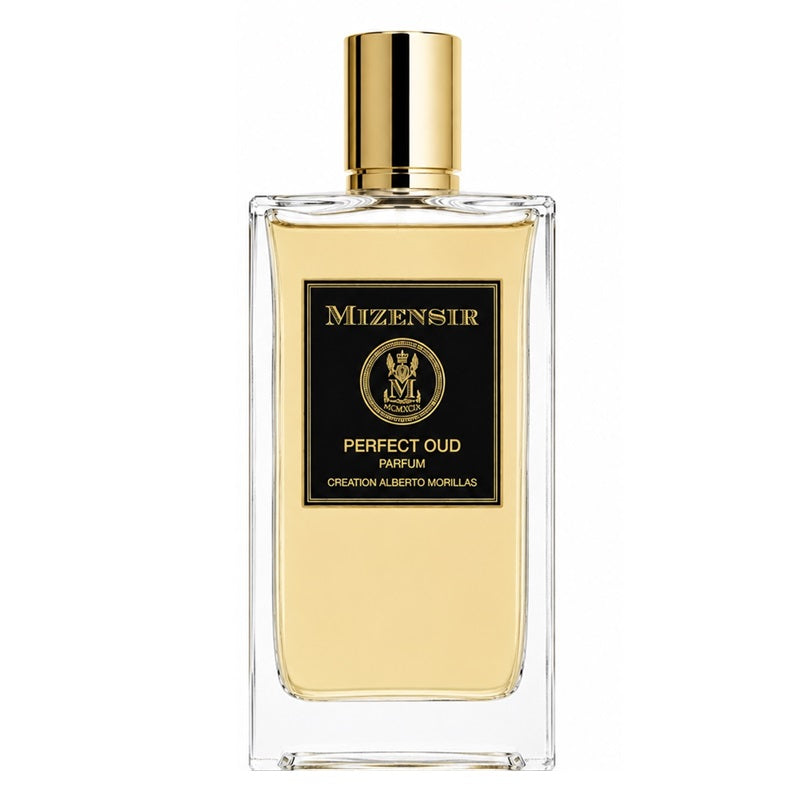 Mizensir Perfect Oud Parfum in a clear rectangular glass bottle with a gold cap and a black label, filled with a pale golden liquid, on a white background.