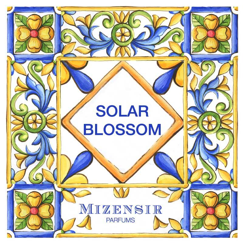 Decorative tile with floral patterns and 'Solar Blossom' text, featuring Mizensir Parfums branding.
