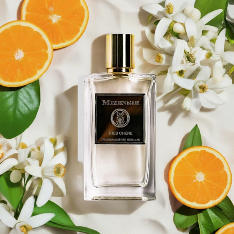 Mizensir Très Chère 100ml Parfum lifestyle image inspired by white blossoms, silk petals, soft morning light and timeless Parisian elegance.