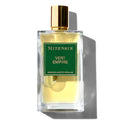 A glass bottle of Mizensir Vert Empire eau de parfum with a green label and a gold-colored cap.