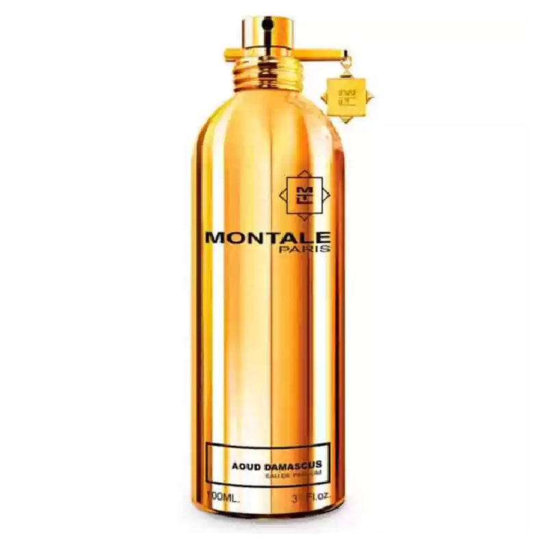 A tall, golden-colored bottle of Montale Aoud Damascus Eau de Parfum with a black label and a gold cap.