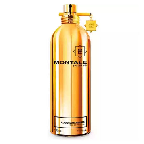 A tall, golden-colored bottle of Montale Aoud Damascus Eau de Parfum with a black label and a gold cap.