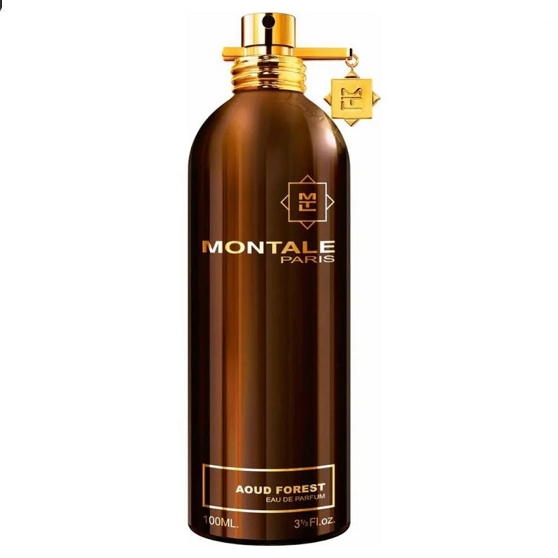 A bottle of Montale Aoud Forest Eau de Parfum with a dark tinted glass and a gold cap.