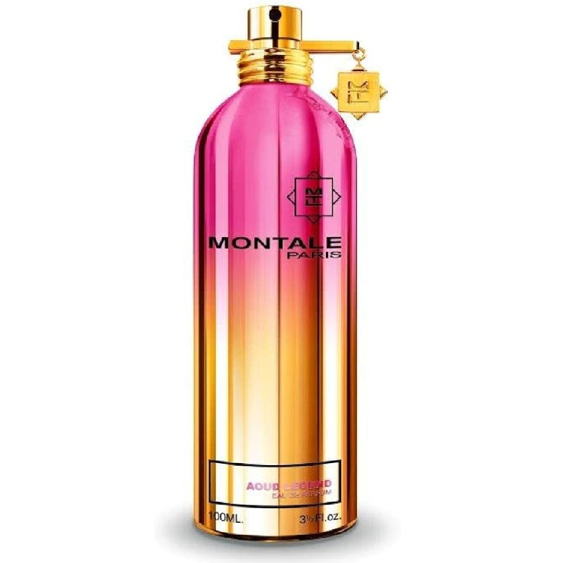 A bottle of Montale Aoud Legend Eau de Parfum with a pink to orange gradient and a gold cap.